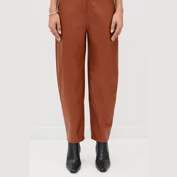 Pants - Brown Faux Leather Barrel-Leg Pants